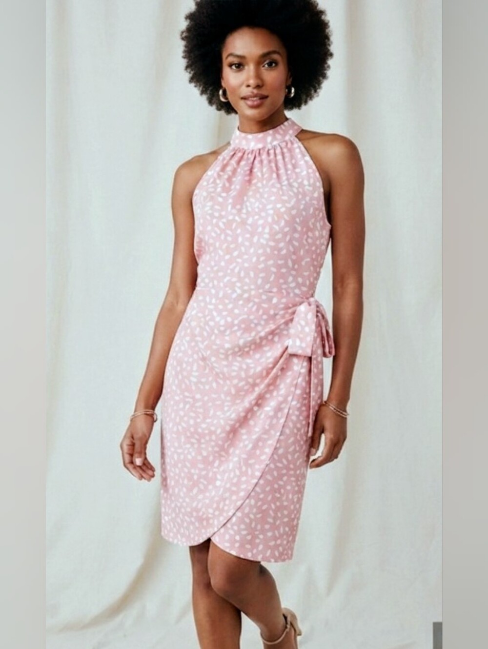 New (Nwot) Pink White Polka Dot Halter Neck Mock Neck Wrap Dress Size Large L